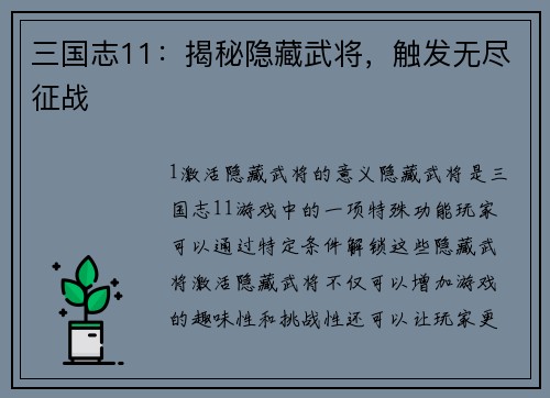 三国志11：揭秘隐藏武将，触发无尽征战